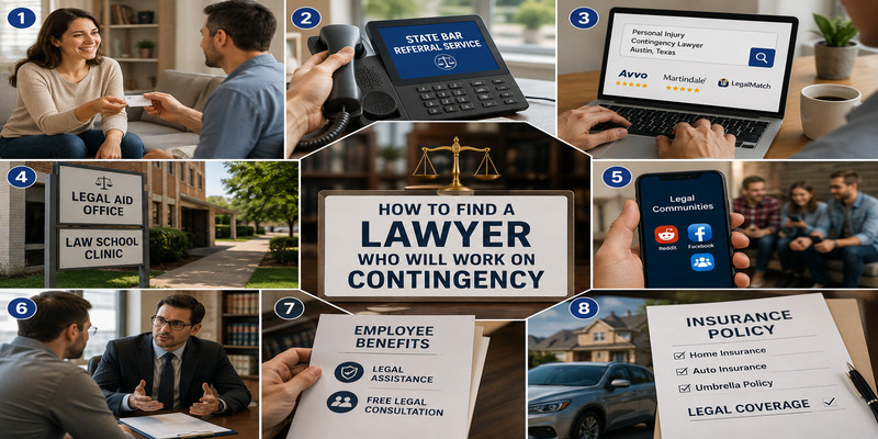 Infographic showing ways to find a lawyer who works on contingency.