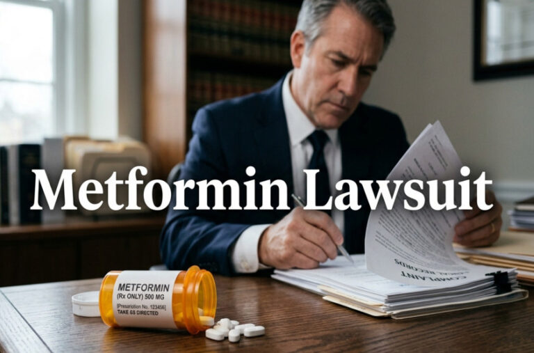 Professional lawyer reviewing legal documents for a Metformin Lawsuit with prescription pills on a desk.