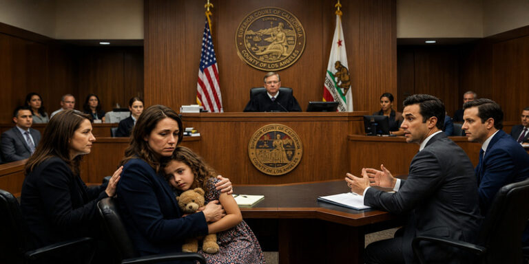Can a Narcissist Win Custody in California courtroom custody dispute scene with mother and child.