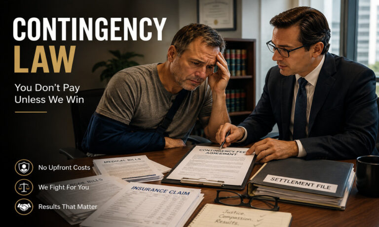 Contingency lawyer explaining a legal agreement to an injured client in a modern American law office.
