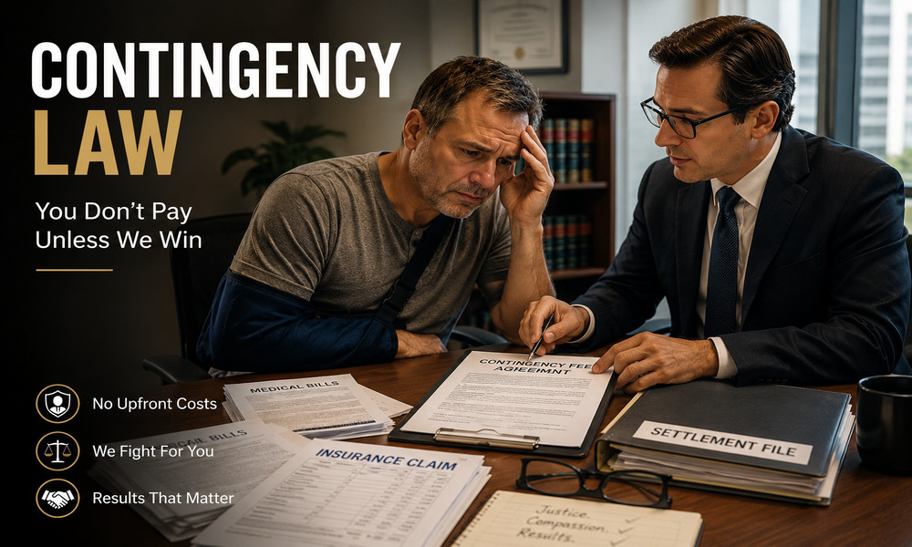 Contingency lawyer explaining a legal agreement to an injured client in a modern American law office.