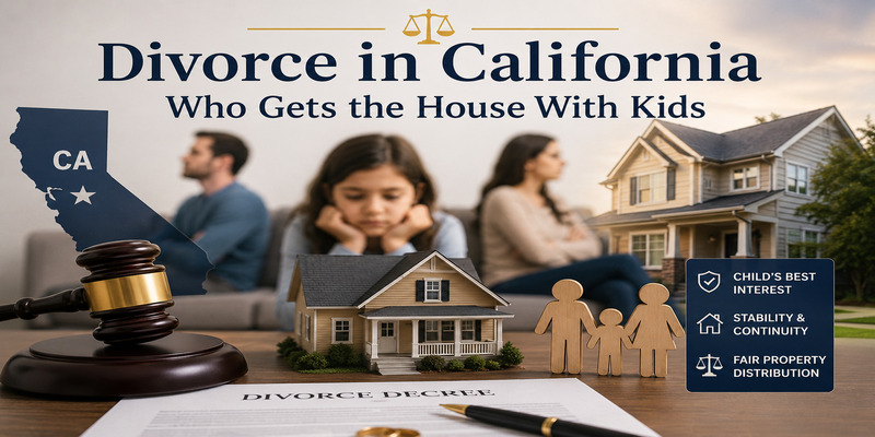 Divorce in California who gets the house with kids legal illustration showing custody, family home, and property division.