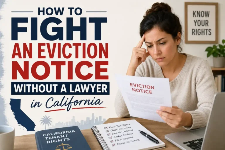 Worried California tenant reading an eviction notice while learning how to fight eviction without a lawyer in California.