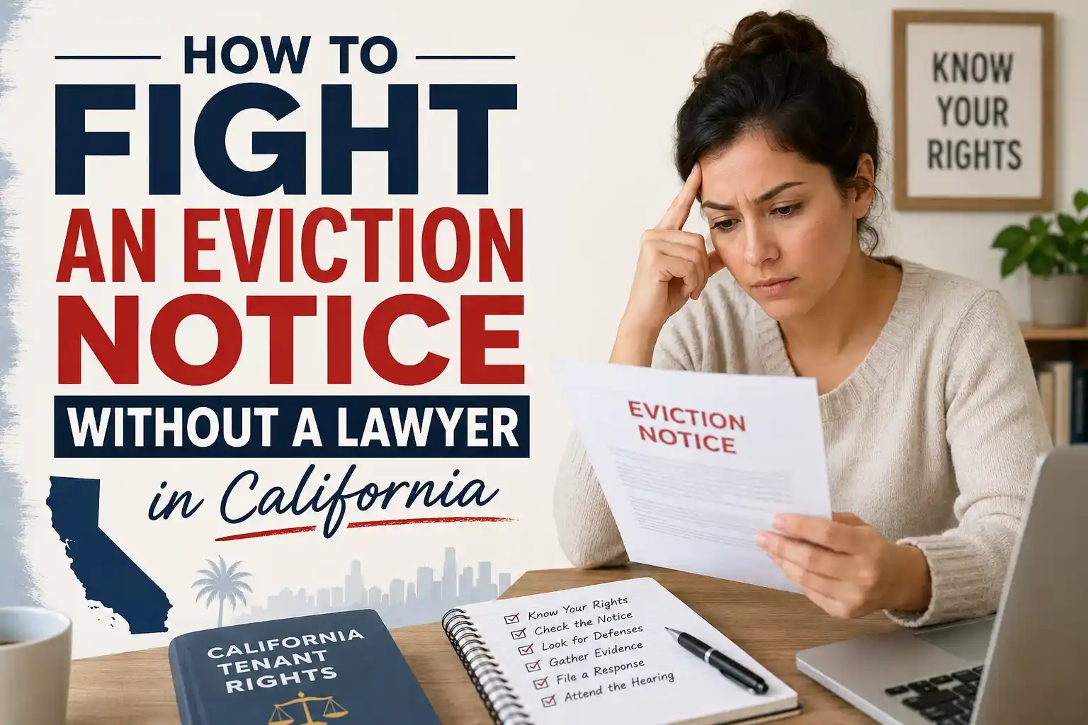 Worried California tenant reading an eviction notice while learning how to fight eviction without a lawyer in California.