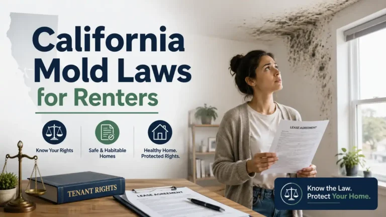 California renter holding a lease while looking at mold on an apartment wall, with legal icons representing California mold laws for renters.