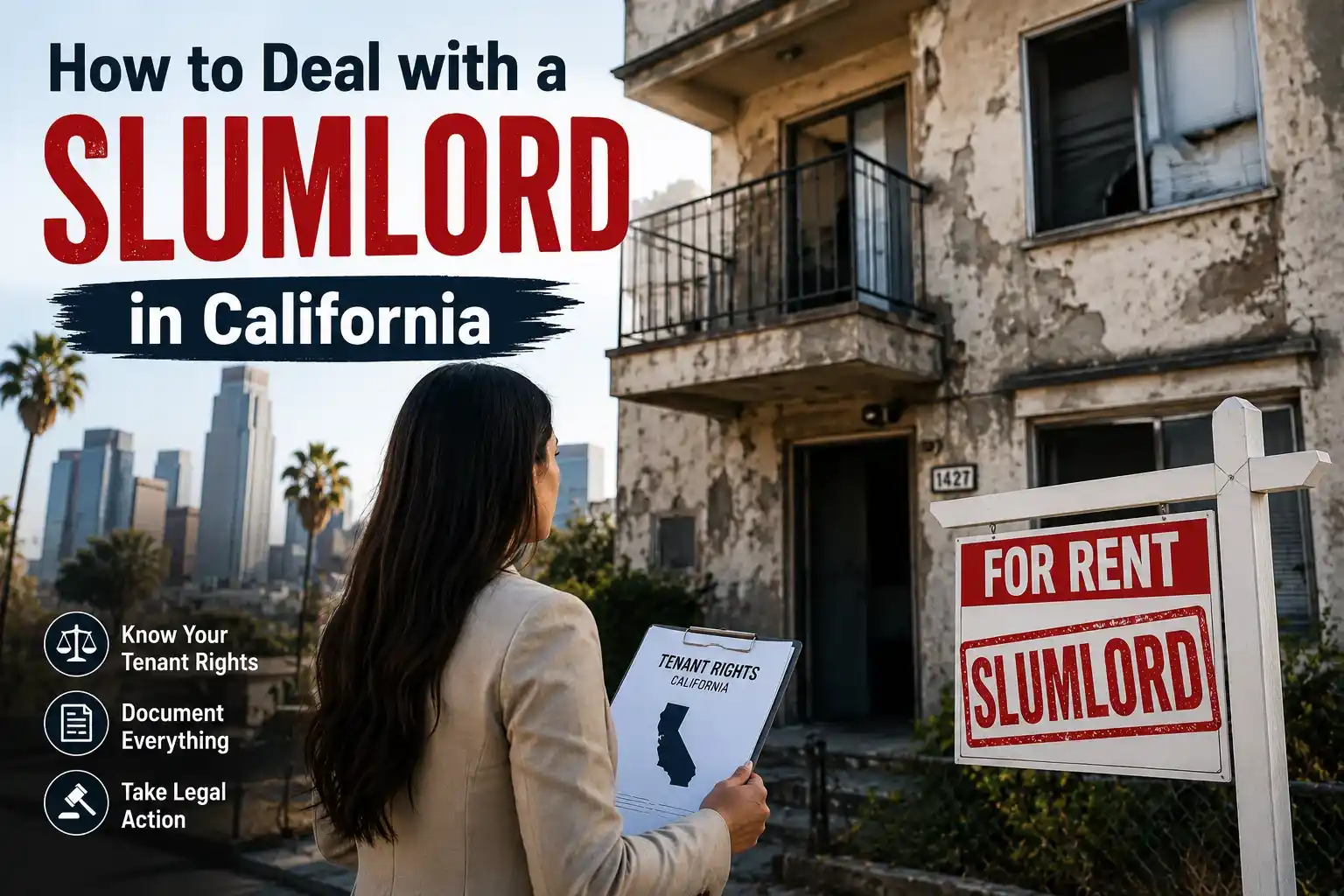 California tenant standing outside a neglected apartment building while holding tenant rights documents, representing how to deal with a slumlord in California.