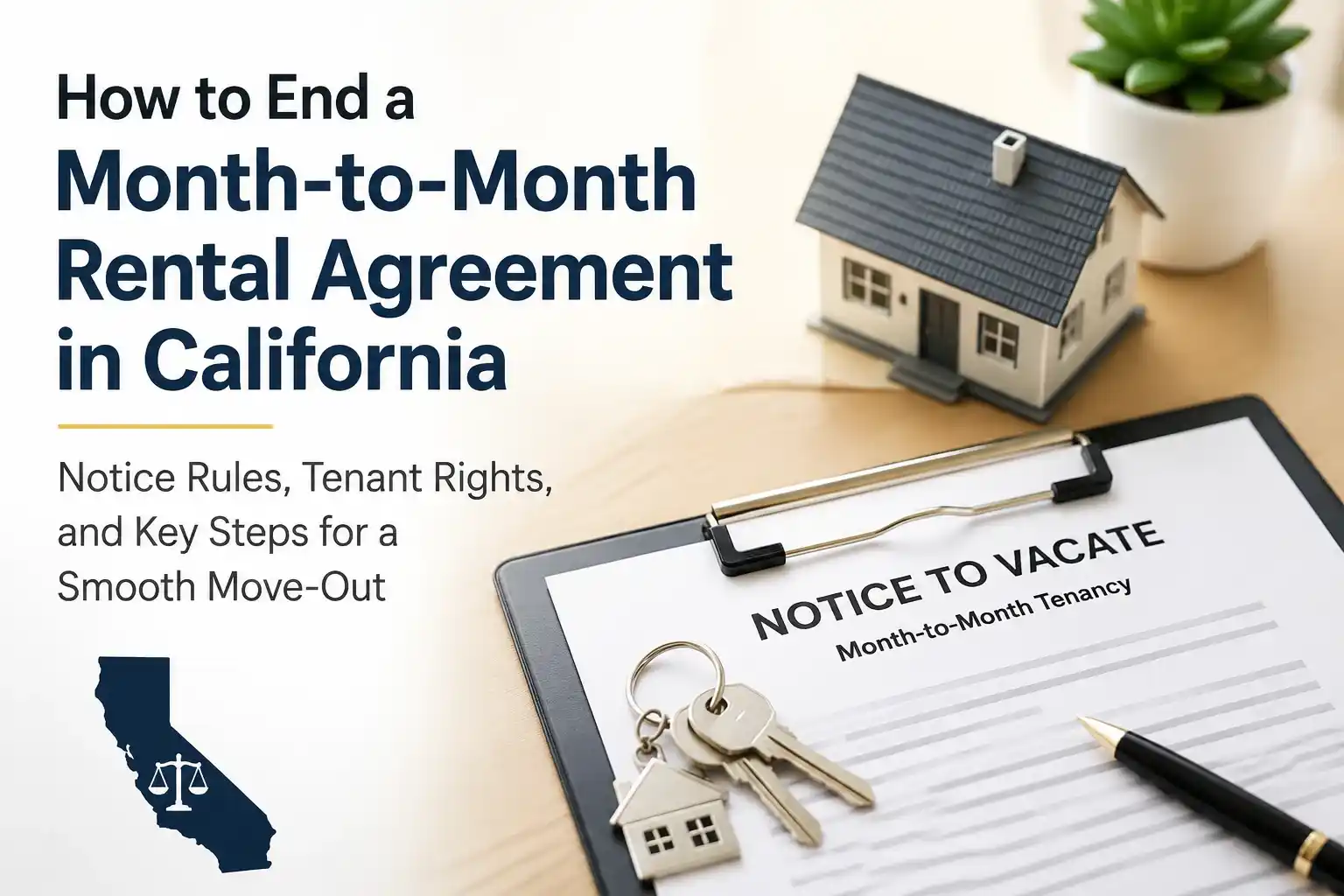 How to End a Month-to-Month Rental Agreement in California infographic showing notice rules, tenant rights, and move-out steps.