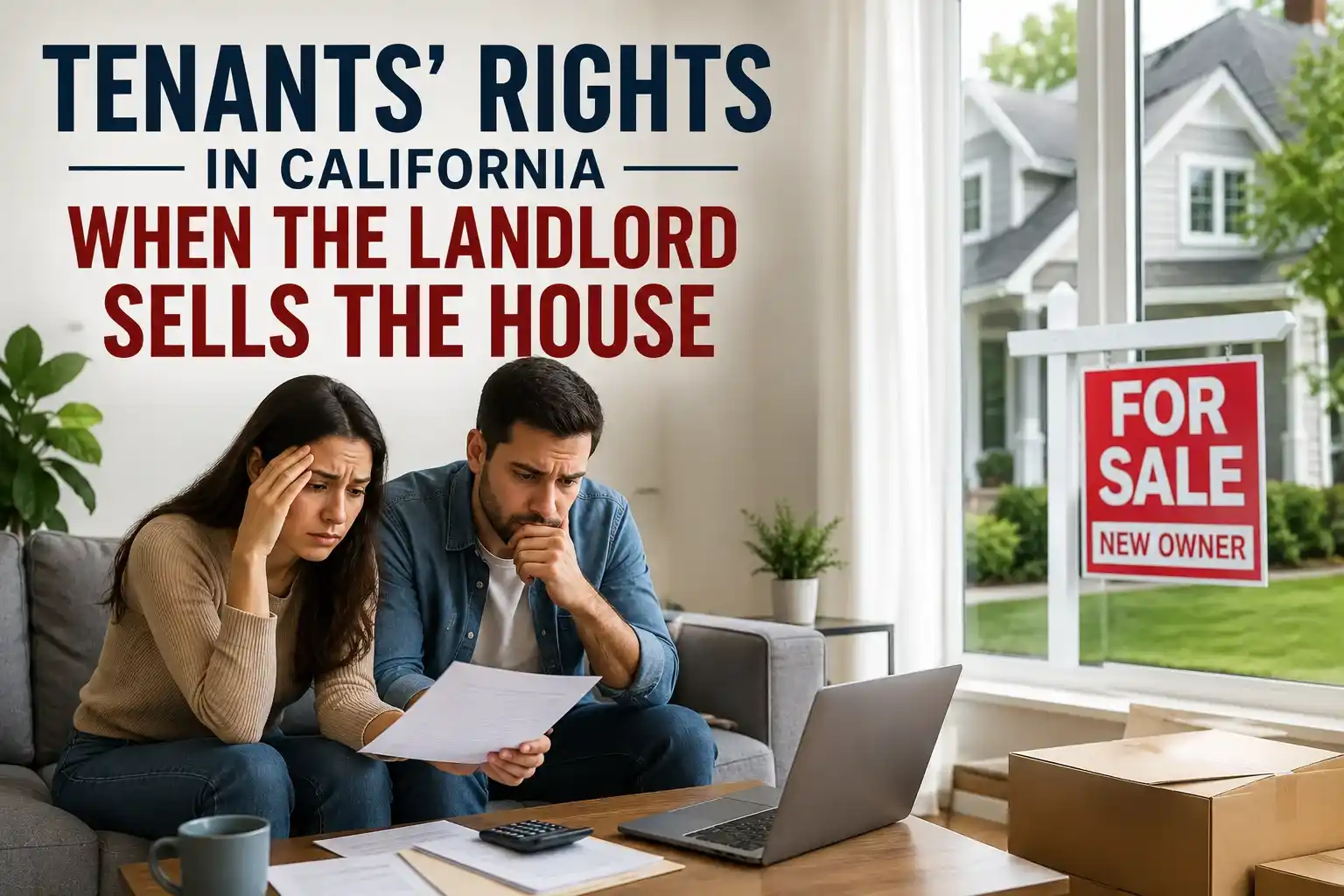Tenants' Rights in California When the Landlord Sells House illustrated by concerned renters reviewing documents while a for-sale sign appears outside their home.