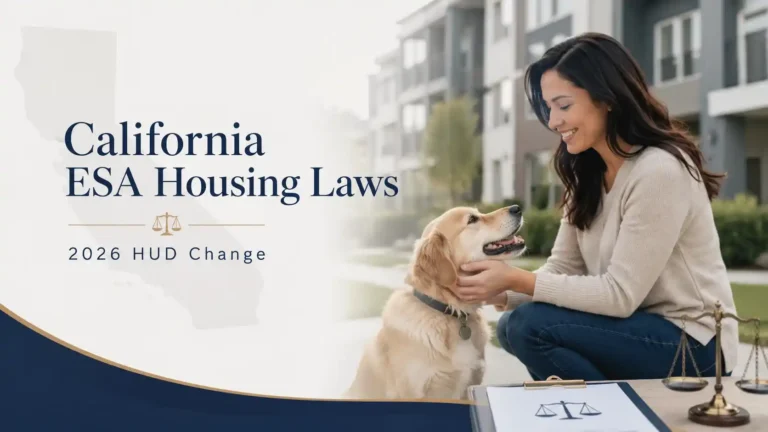 California's Emotional Support Animal Housing Laws image showing a woman with an emotional support dog near apartment housing.