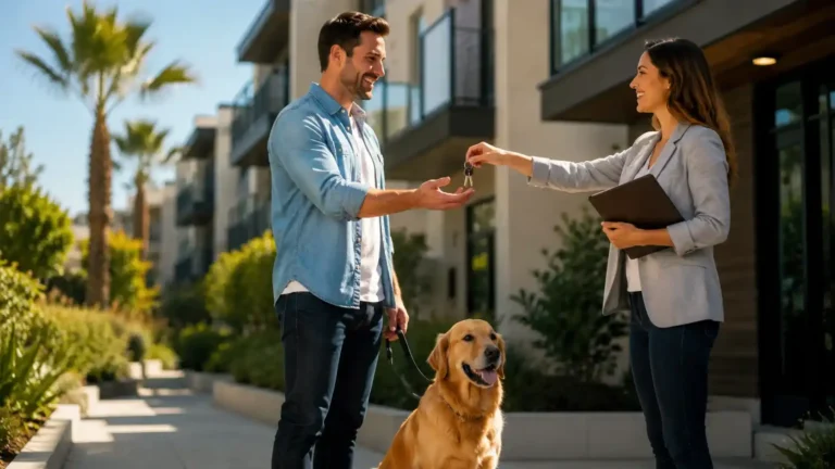 SA Pet Rent in California: tenant with an emotional support dog outside a modern apartment building.