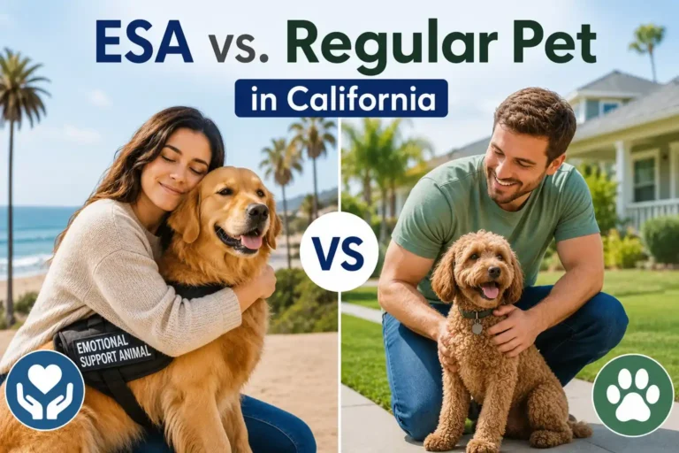 ESA vs. a Regular Pet in California side-by-side comparison showing an emotional support animal and a household pet.
