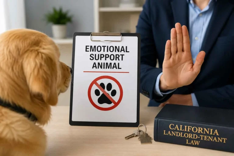 Legal Reasons to Deny an ESA shown through a landlord reviewing an emotional support animal request under state and federal housing laws.