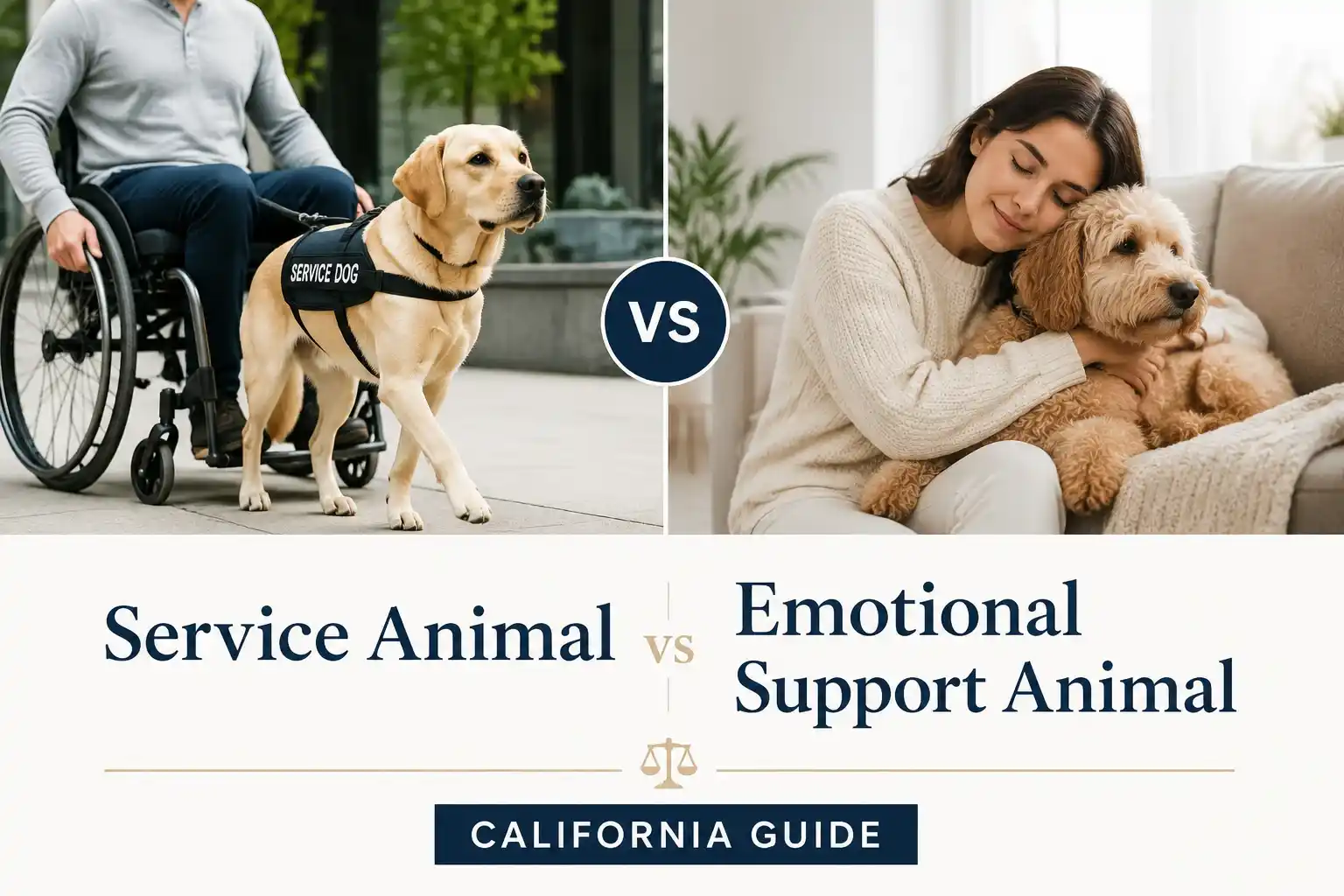 Service animal vs emotional support animal in California showing the difference between trained service dogs and emotional support animals
